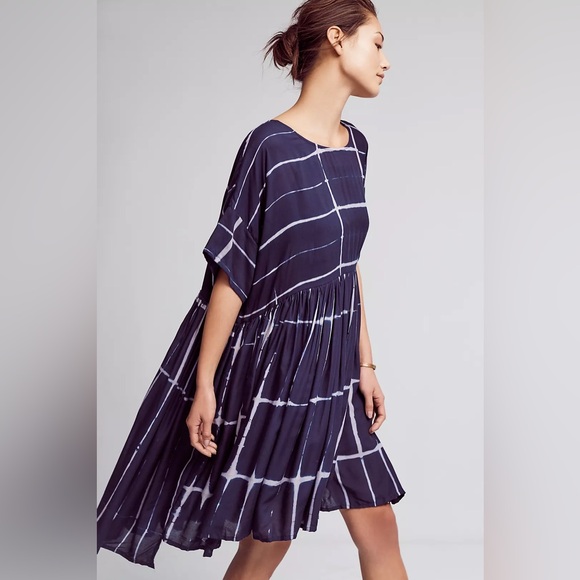 Sold Norblack Norwhite Anthro Navy Grid Print Smock Dress - Casual Women's Dress - Picture 2 of 16